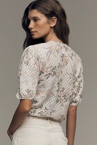 Ellen Tracy Short-Sleeve V-Neck Floral Cardigan Sweater