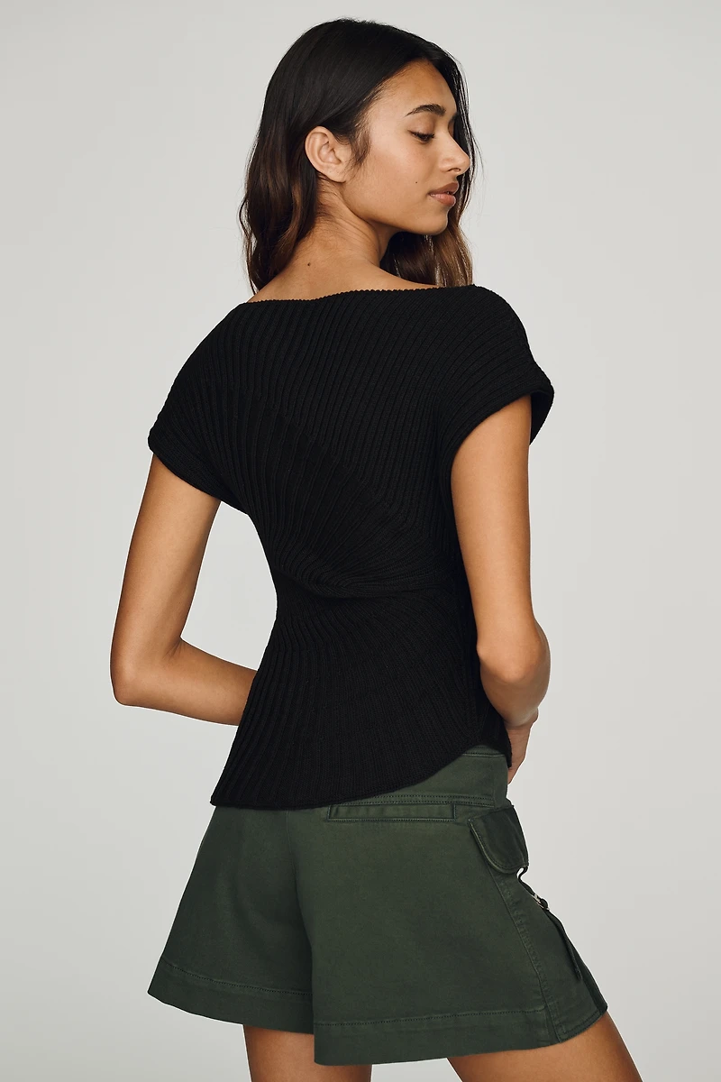 By Anthropologie Asymmetric Ribbed Short-Sleeve Sweater