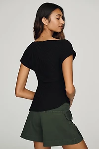By Anthropologie Asymmetric Ribbed Short-Sleeve Sweater