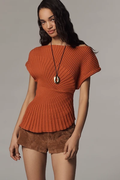 By Anthropologie Asymmetric Ribbed Short-Sleeve Sweater