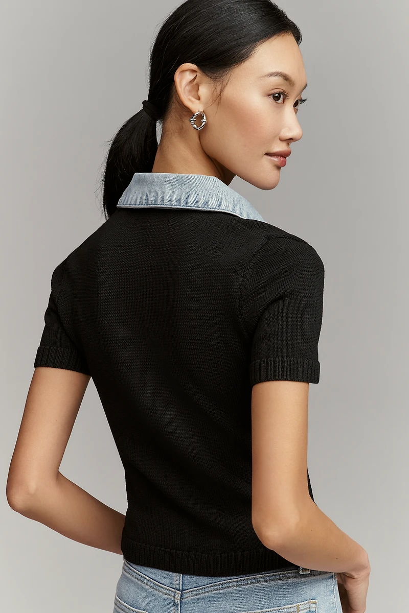SER.O.YA Denim-Collar Short-Sleeve Sweater