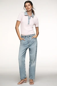 SER.O.YA Denim-Collar Short-Sleeve Sweater