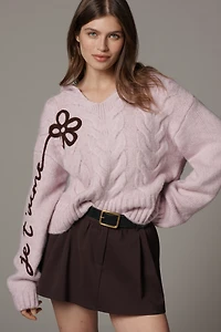 Maeve Embroidered Flower Hooded Cable-Knit Sweater