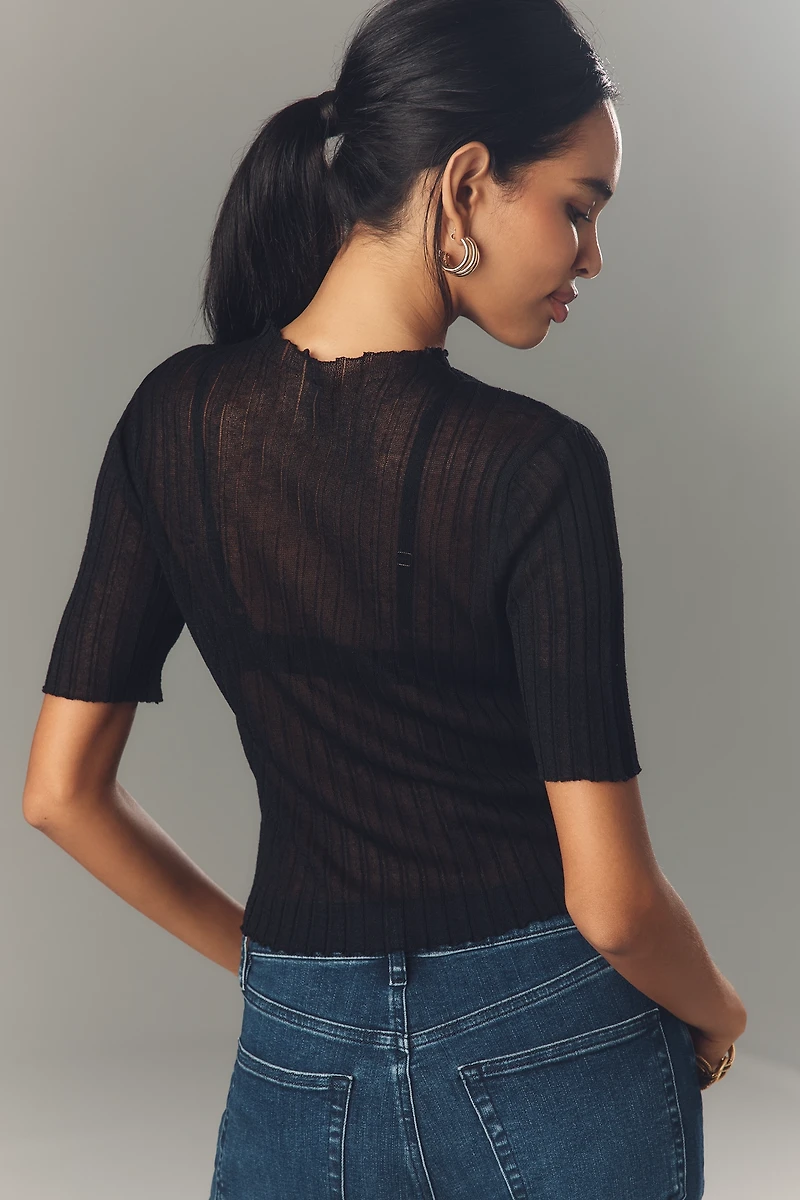 By Anthropologie Short-Sleeve Mock-Neck Sheer Sweater