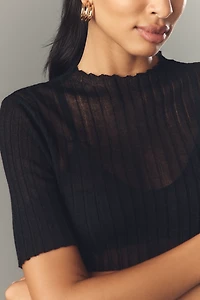 By Anthropologie Short-Sleeve Mock-Neck Sheer Sweater