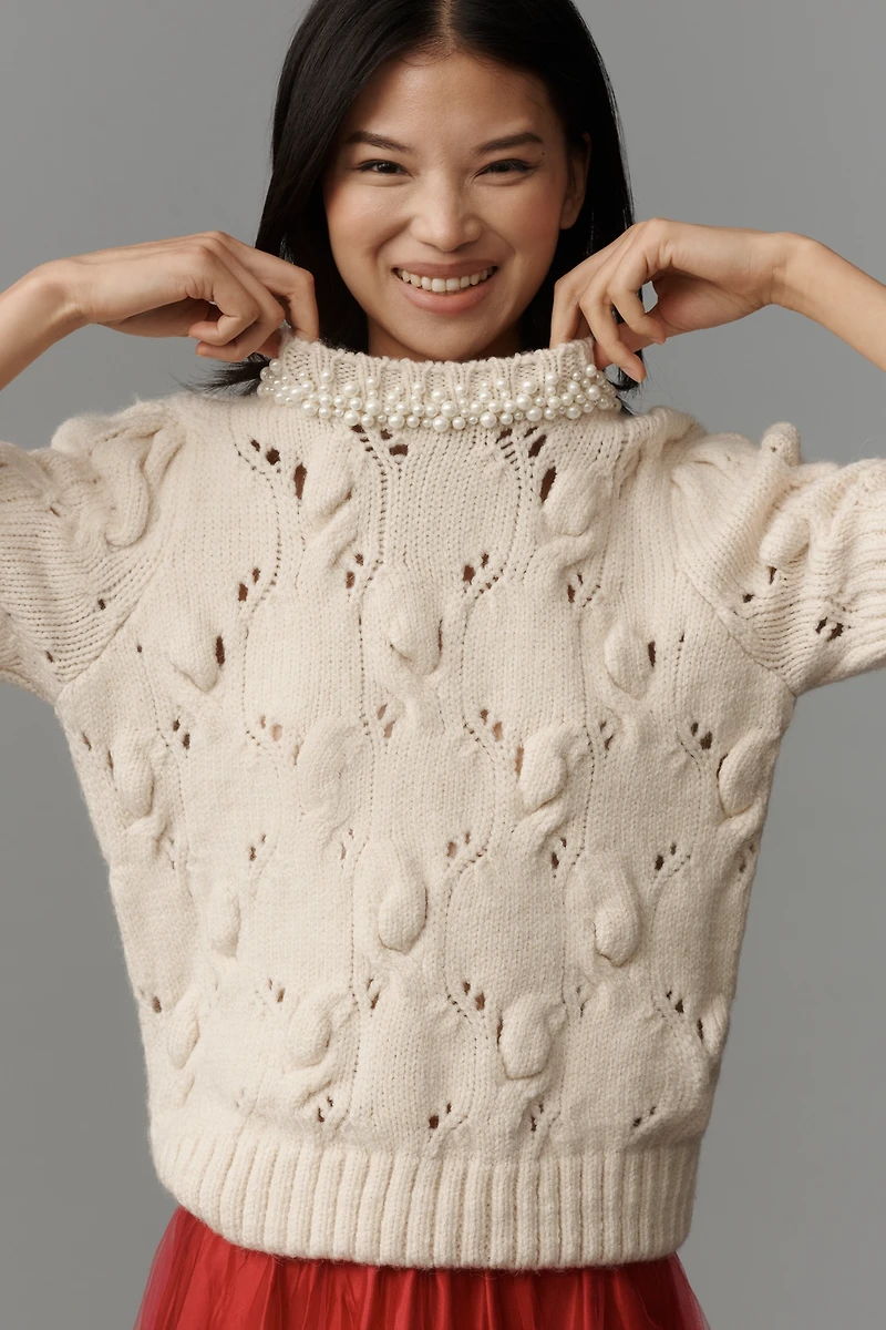 Maeve Pearl Necklace Cable Sweater Tee