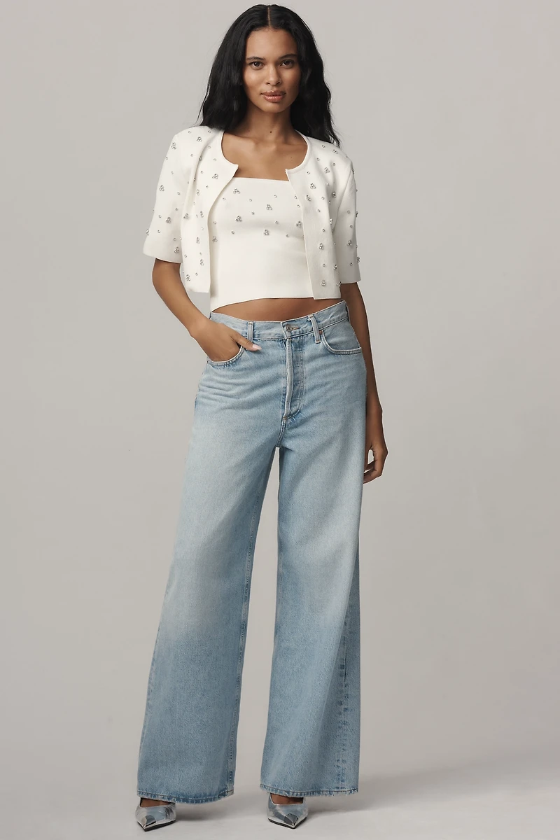 Maeve Short-Sleeve Embellished Crop Cardigan Sweater