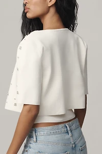 Maeve Short-Sleeve Embellished Crop Cardigan Sweater