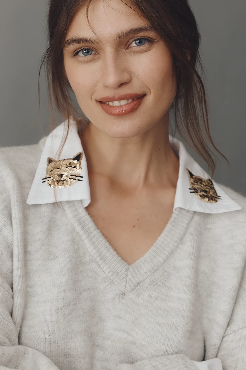 Maeve Embroidered Collared V-Neck Sweater