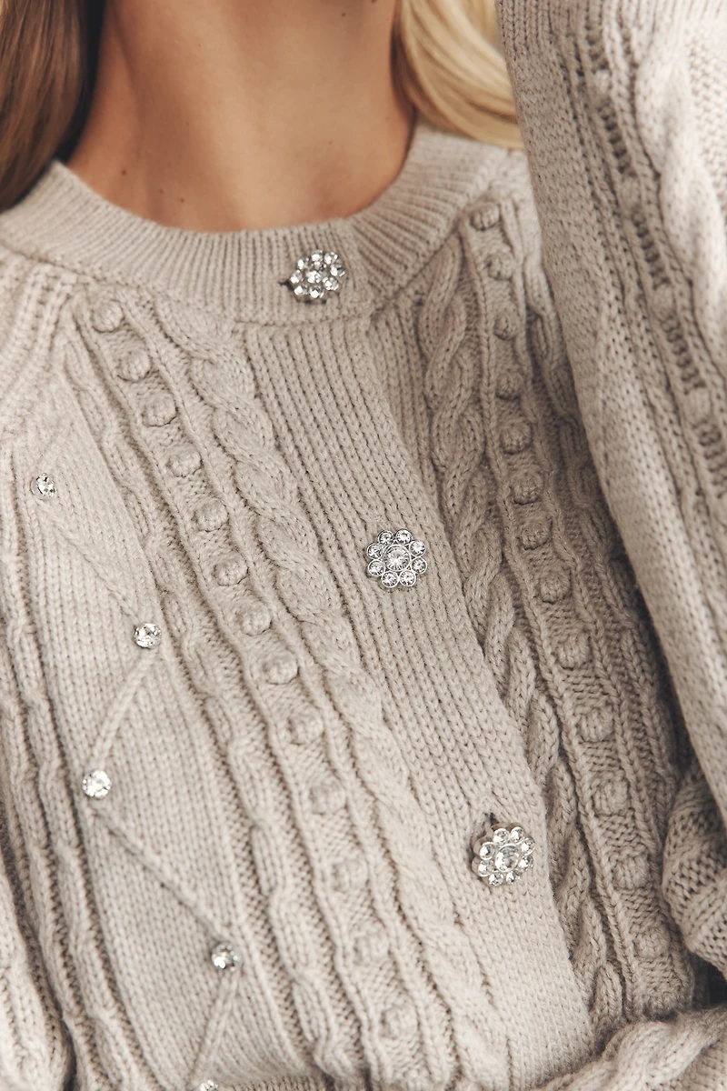 Maeve Gem-Embellished Cable-Knit Cardigan Sweater