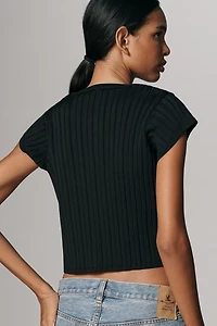 Maeve Cropped Mixed Short-Sleeve Sweater