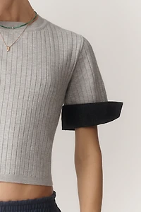 Maeve Fitted Mixed-Media Denim Cuffed Short-Sleeve Sweater