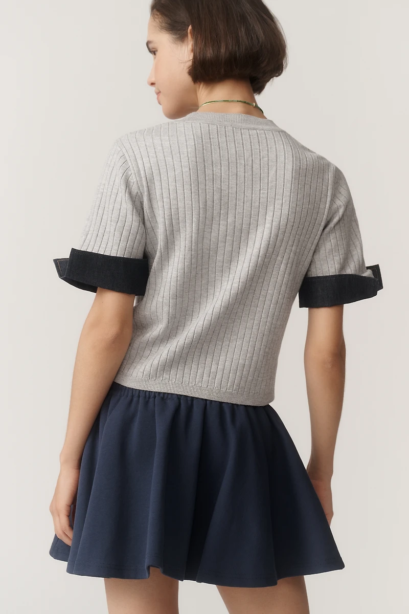 Maeve Fitted Mixed-Media Denim Cuffed Short-Sleeve Sweater