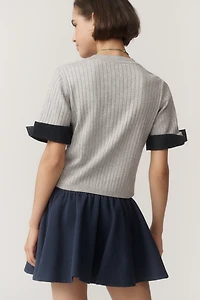 Maeve Fitted Mixed-Media Denim Cuffed Short-Sleeve Sweater