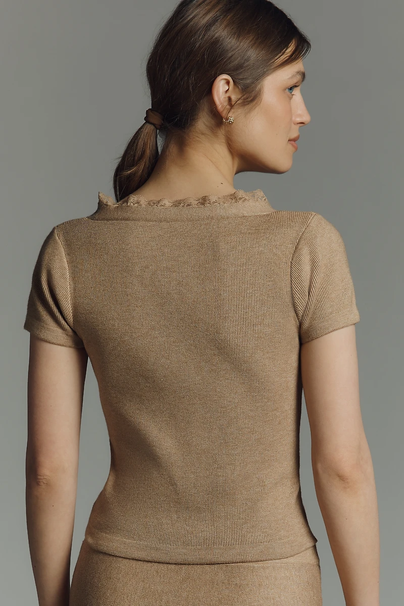By Anthropologie Short-Sleeve Lace Detail Sweater
