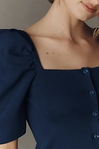 Maeve Square-Neck Puff-Sleeve Cardigan Sweater