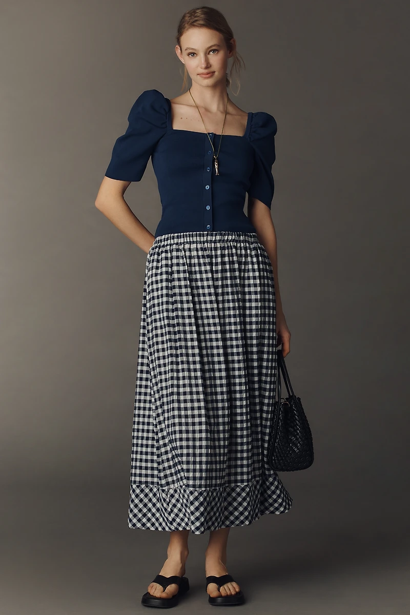 Maeve Square-Neck Puff-Sleeve Cardigan Sweater