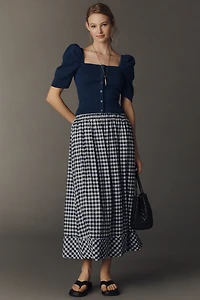 Maeve Square-Neck Puff-Sleeve Cardigan Sweater