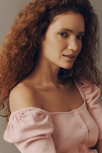 Maeve Square-Neck Puff-Sleeve Cardigan Sweater