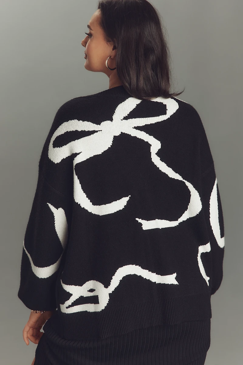 Eloquii Plus Bow-Print V-Neck Cardigan Sweater