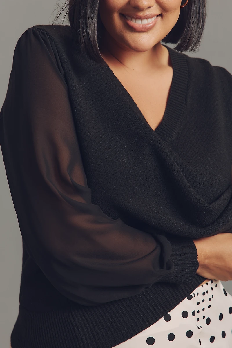 Eloquii Plus Chiffon-Sleeve V-Neck Sweater