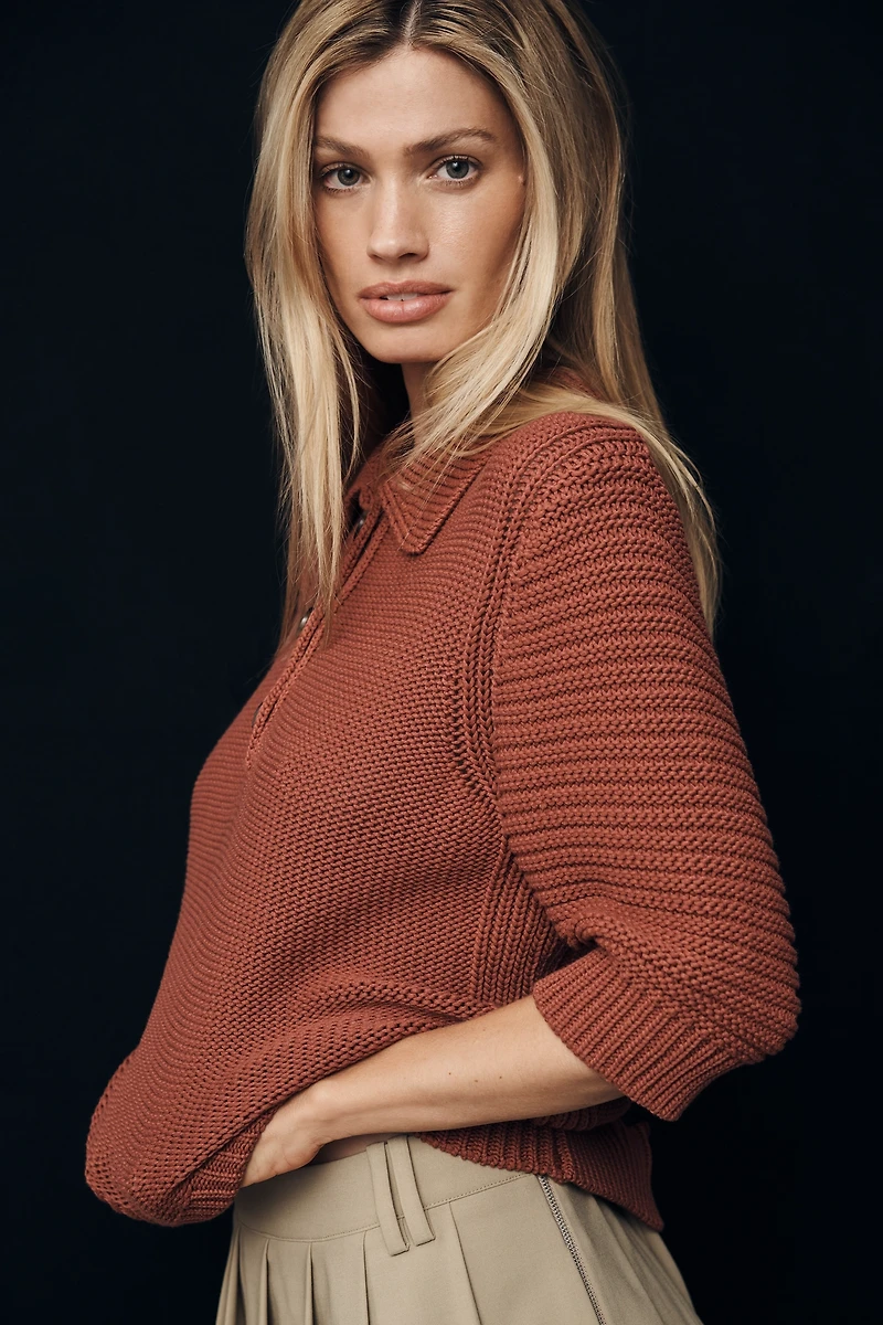 Michael Stars Marley Puff-Sleeve Polo Sweater