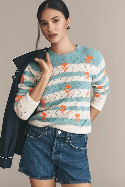 Essentiel Antwerp Hinkel Long-Sleeve Striped Floral Embroidered Open-Knit Sweater