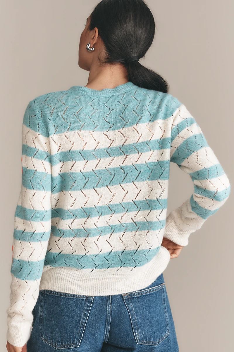 Essentiel Antwerp Hinkel Long-Sleeve Striped Floral Embroidered Open-Knit Sweater
