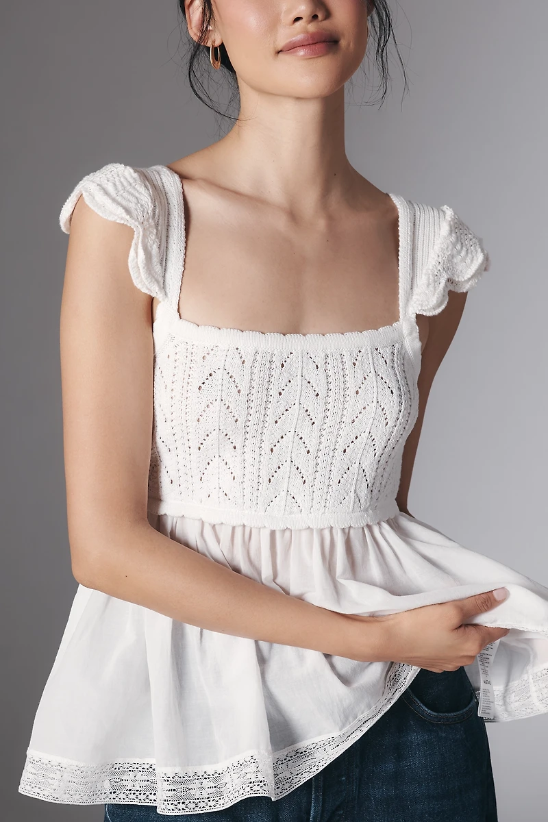By Anthropologie Crochet Square-Neck Ruffle-Sleeve Babydoll Blouse
