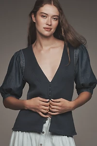 Pilcro Puff-Sleeve V-Neck Cardigan Sweater
