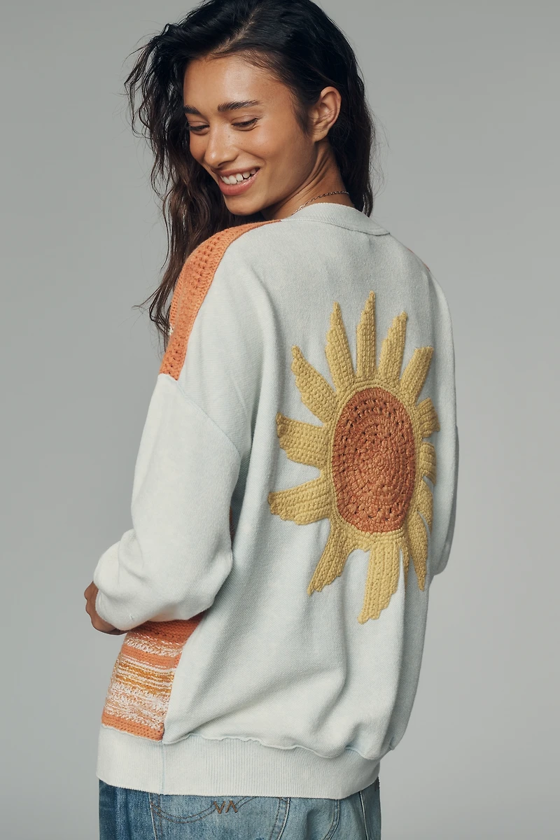 Pilcro Cotton Sunflower V-Neck Cardigan