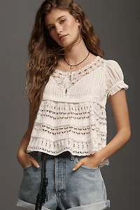 By Anthropologie Cotton Puff Sleeve Crochet Knit Top