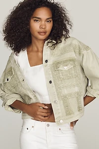 By Anthropologie Denim Lace Trucker Jacket