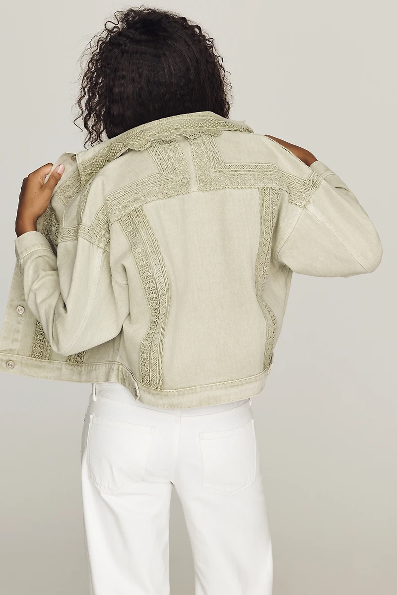 By Anthropologie Denim Lace Trucker Jacket