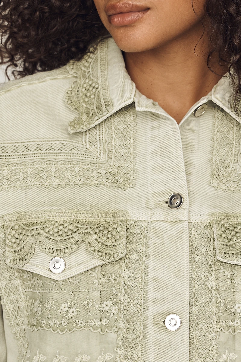 By Anthropologie Denim Lace Trucker Jacket