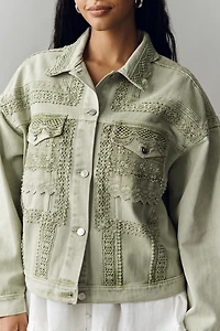 By Anthropologie Denim Lace Trucker Jacket