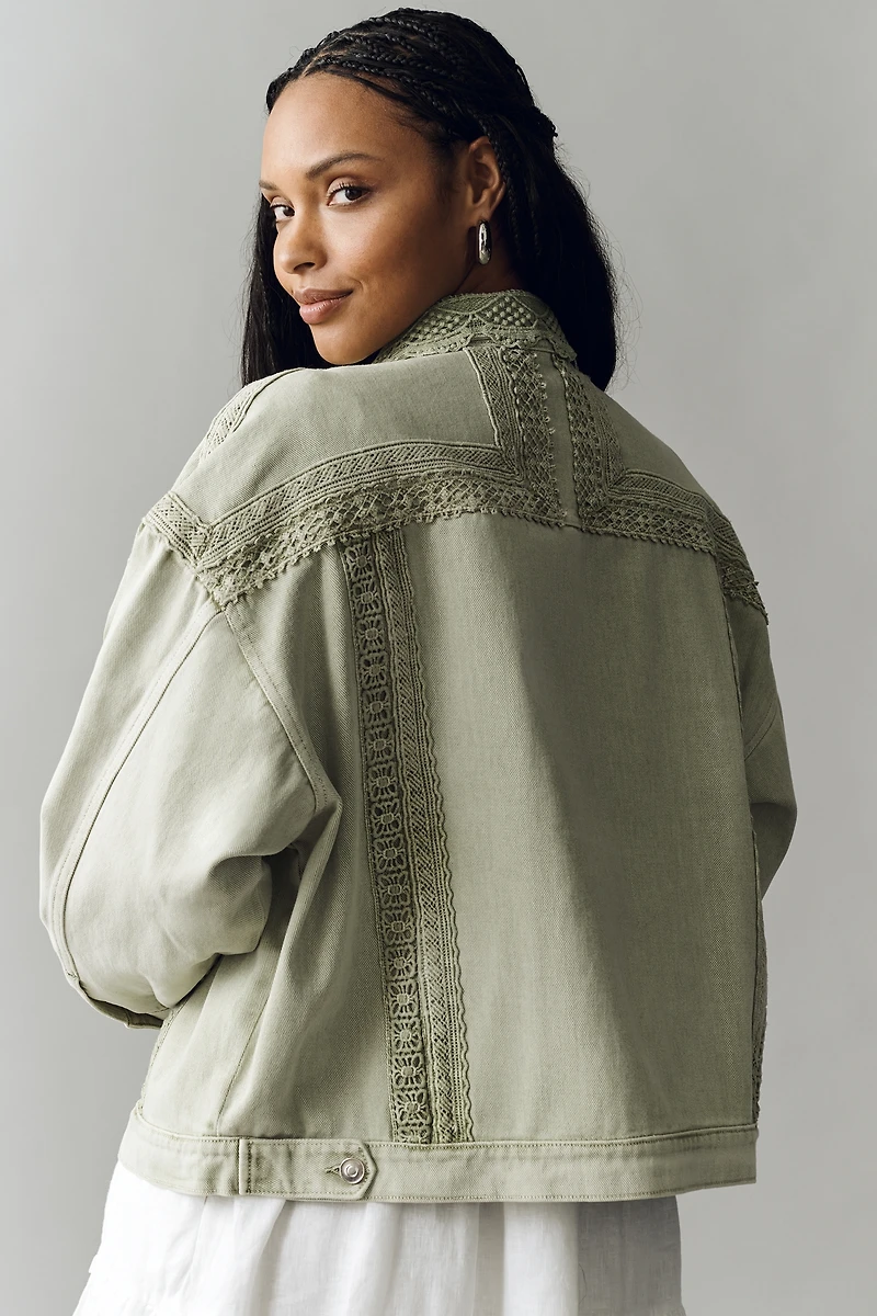 By Anthropologie Denim Lace Trucker Jacket