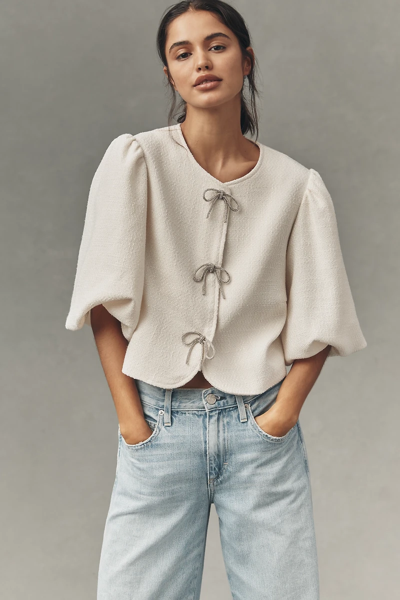 Dolan Left Coast Puff-Sleeve Bow-Embellished Blazer