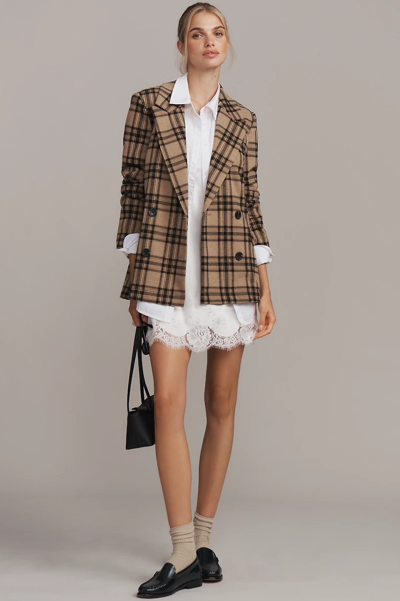 Avec Les Filles Double-Breasted Knit Plaid Blazer