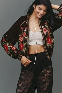 By Anthropologie Velvet Embroidered Bomber Jacket