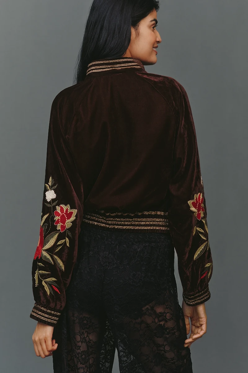 By Anthropologie Velvet Embroidered Bomber Jacket