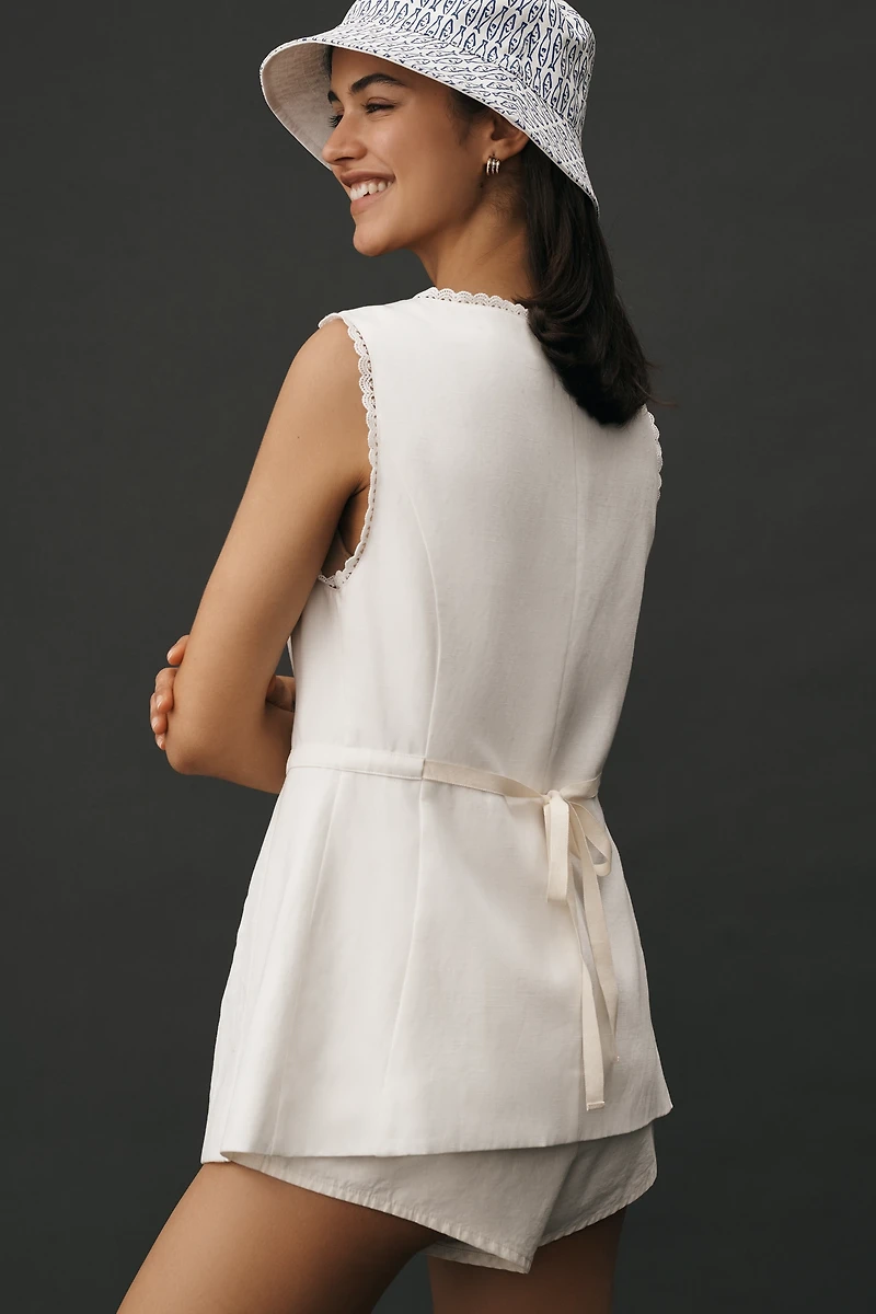 By Anthropologie Longline Lace-Trim Linen Blend Vest