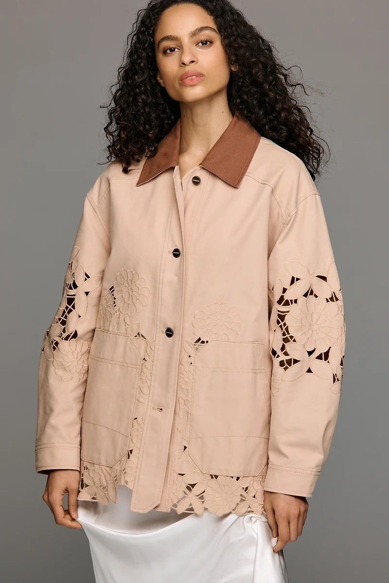 By Anthropologie Cotton Floral Cutwork Barn Jacket