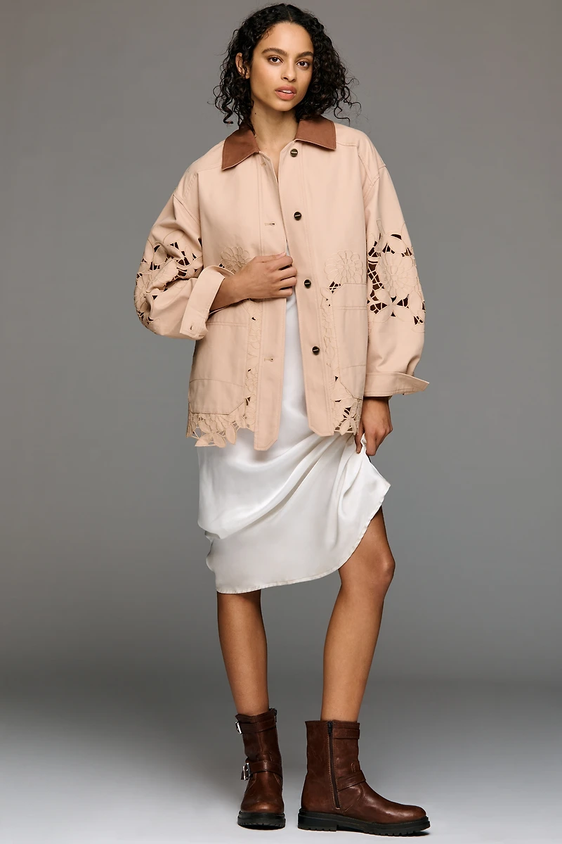 By Anthropologie Cotton Floral Cutwork Barn Jacket