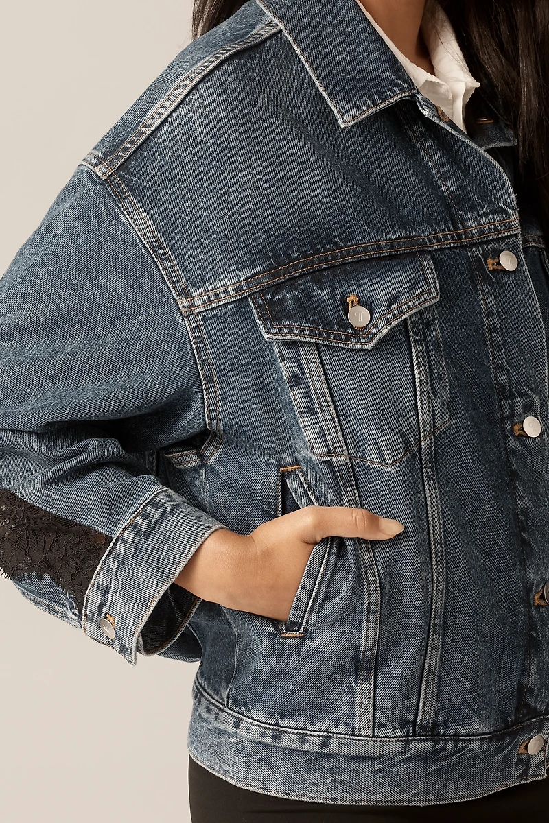 The Weston Lace Denim Boyfriend Jacket by Pilcro