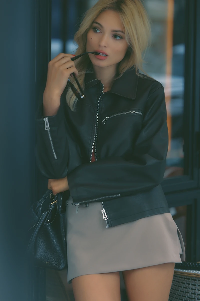 Pilcro Washed Faux Leather Cropped Moto Jacket
