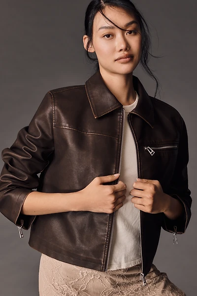 Pilcro Washed Faux Leather Cropped Moto Jacket
