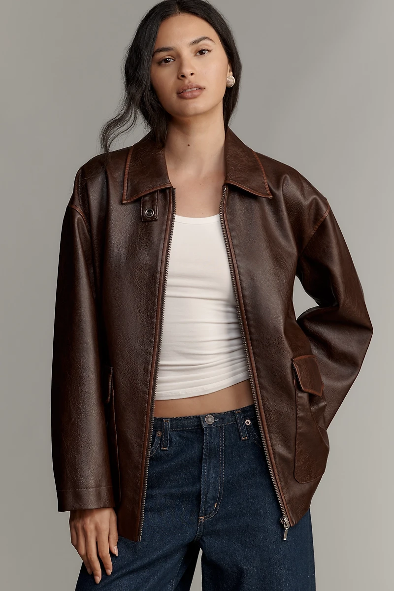 Pilcro Sofia Faux-Leather Long Bomber Jacket