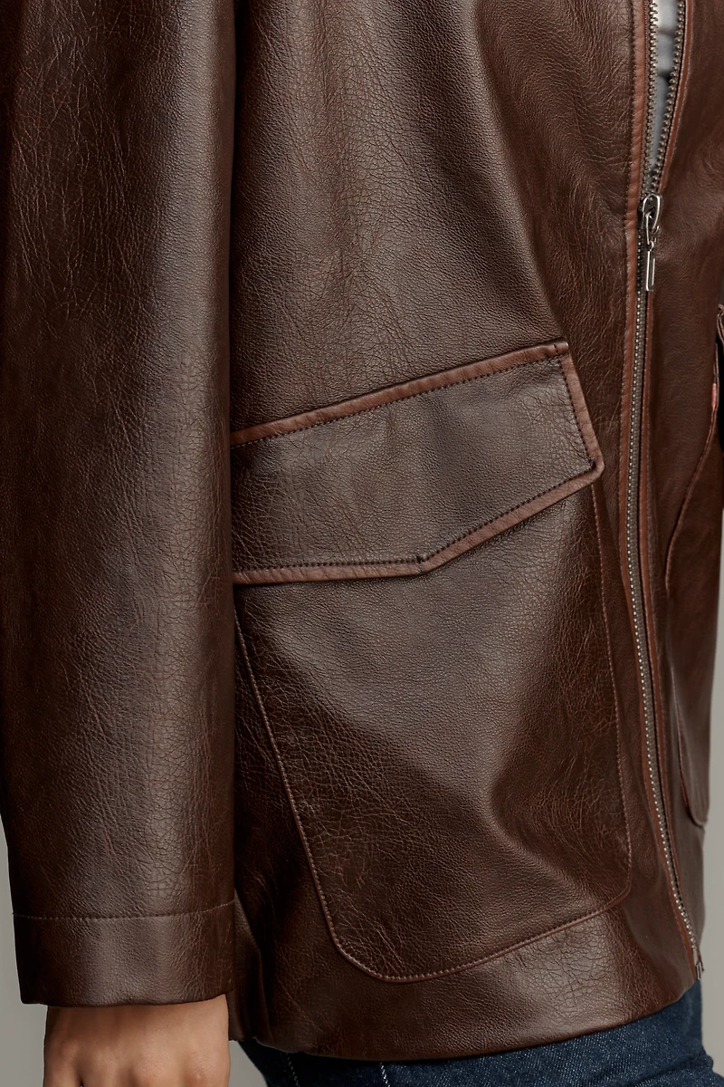 Pilcro Sofia Faux-Leather Long Bomber Jacket