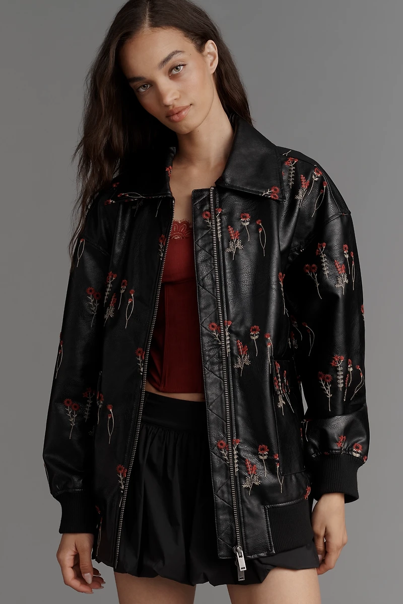 Maeve Faux-Leather Floral-Embroidered Bomber Jacket